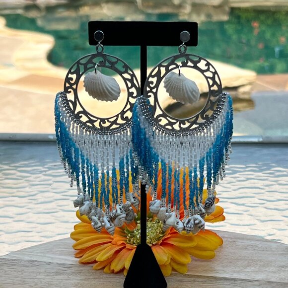 Handmade Beaded Large Long Tassel Fringe Dangle Drop Mermaid Post Shell Earrings - Picture 5 of 9